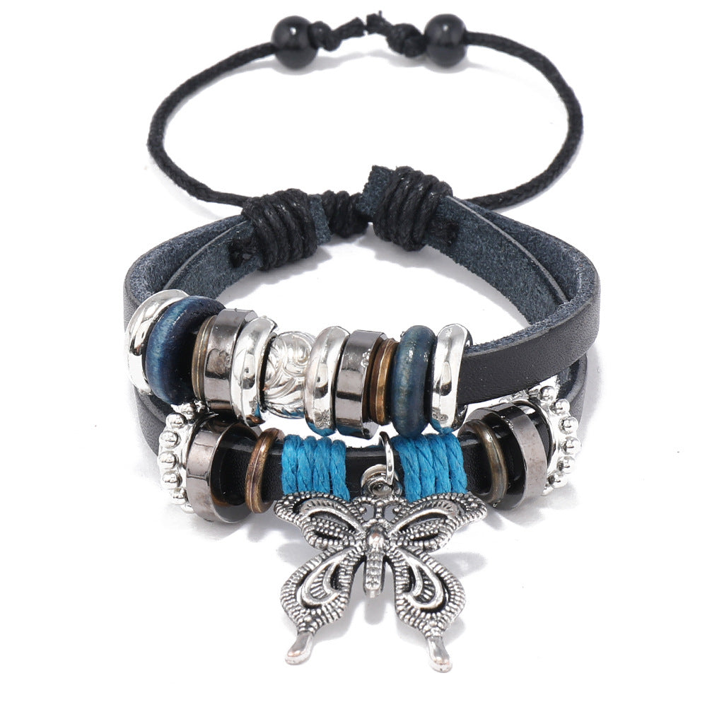 Wholesale Alloy Butterfly Pendant Woven Cowhide Bracelet